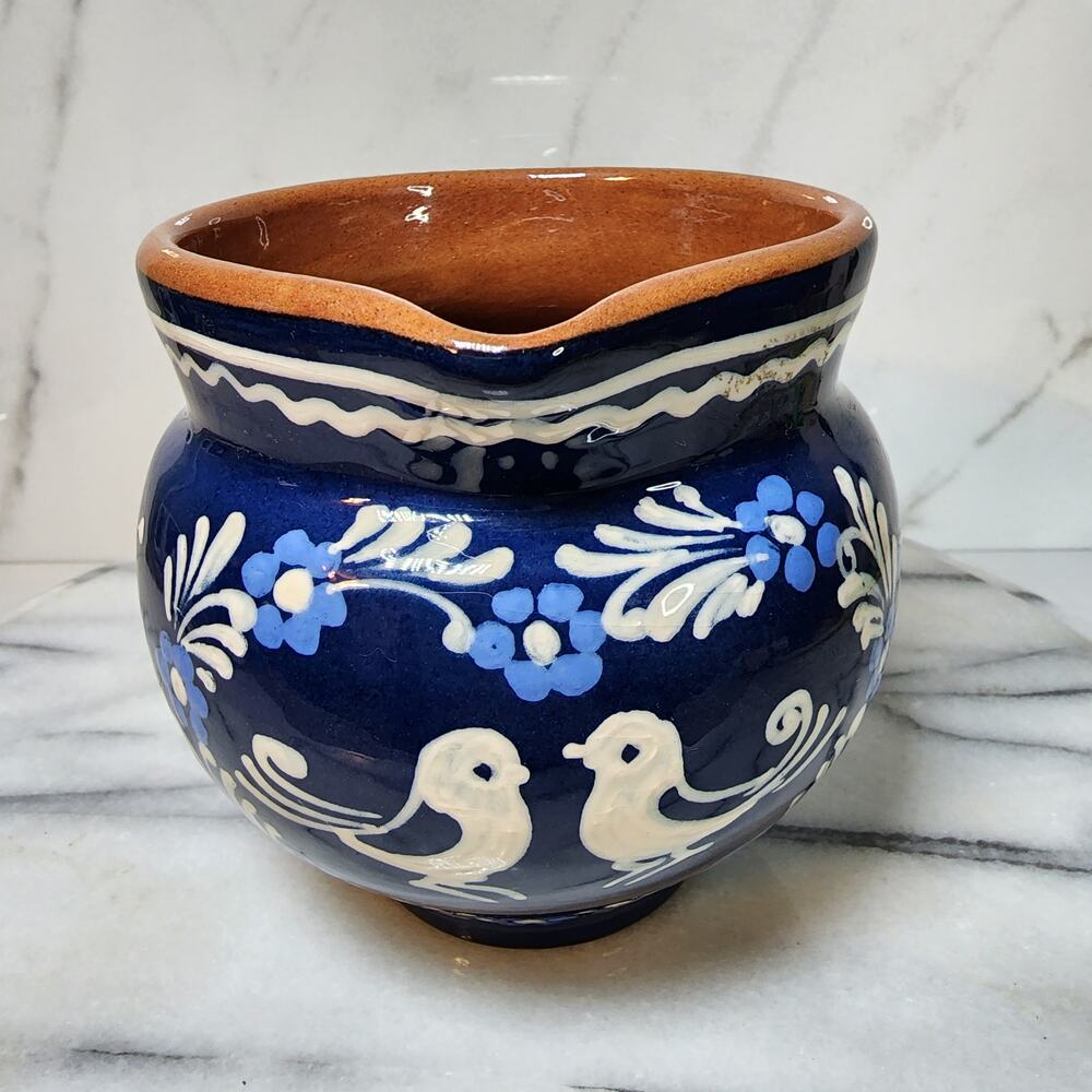 Artist Signed Vintage Blue Art Pottery Pitcher Floral Love Birds Boho Folk Art
